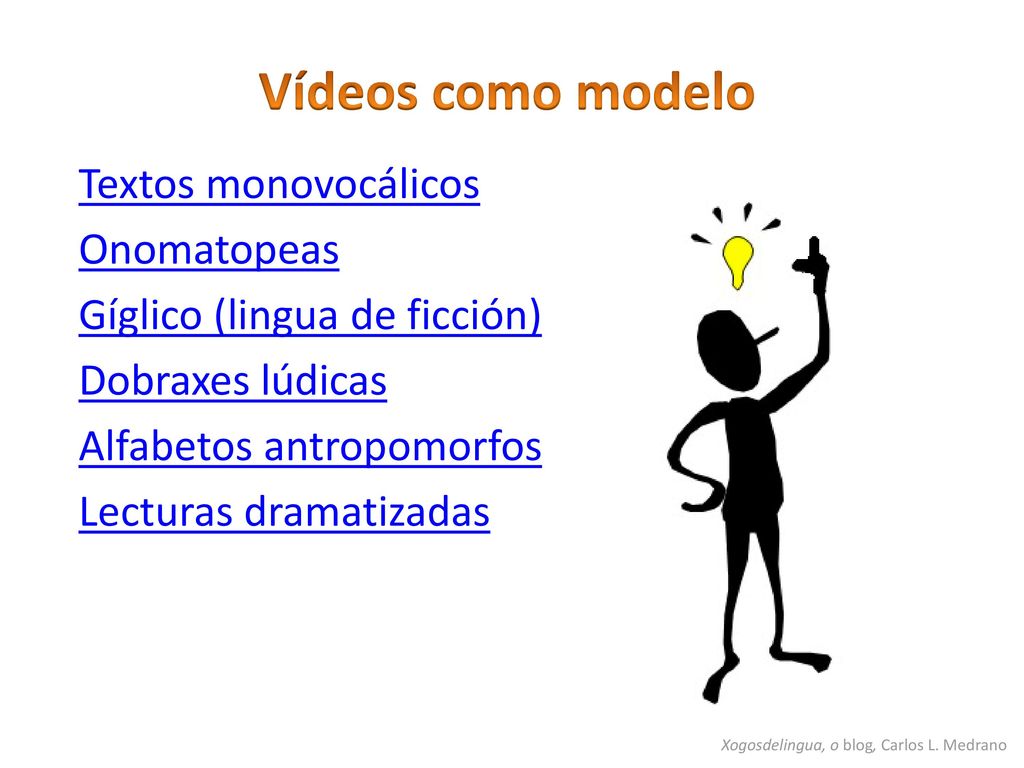 Vídeos como modelo Textos monovocálicos Onomatopeas Gíglico (lingua de ficción) Dobraxes lúdicas Alfabetos antropomorfos Lecturas dramatizadas