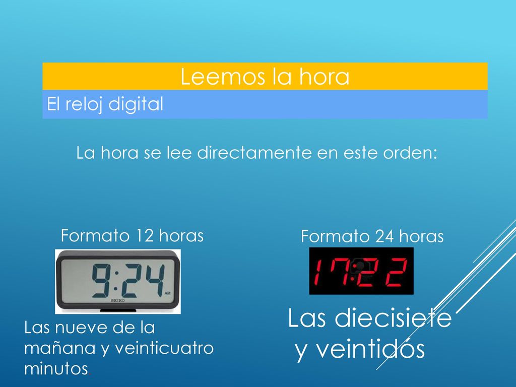 Las diecisiete y veintidós Leemos la hora El reloj digital