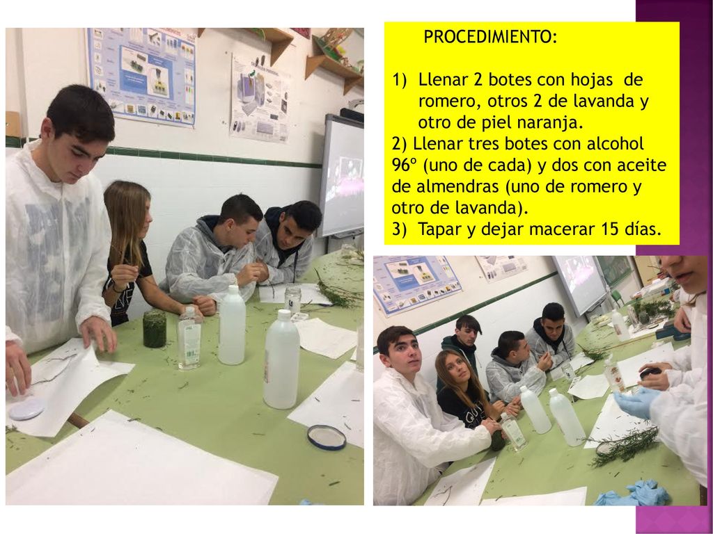 PROCEDIMIENTO: Llenar 2 botes con hojas de romero, otros 2 de lavanda y otro de piel naranja.