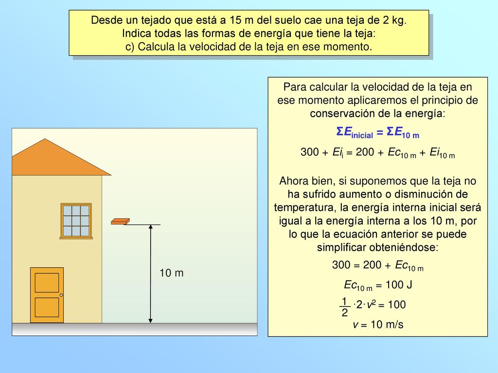Desde un tejado que está a 15 m del suelo cae una teja de 2 kg.