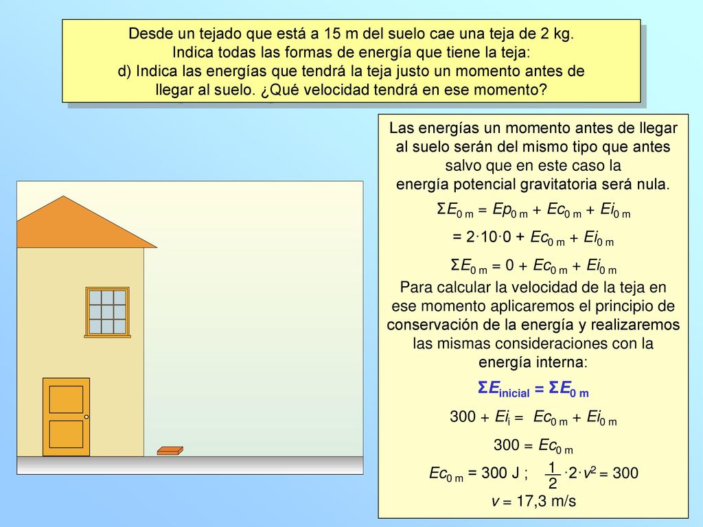 Desde un tejado que está a 15 m del suelo cae una teja de 2 kg.