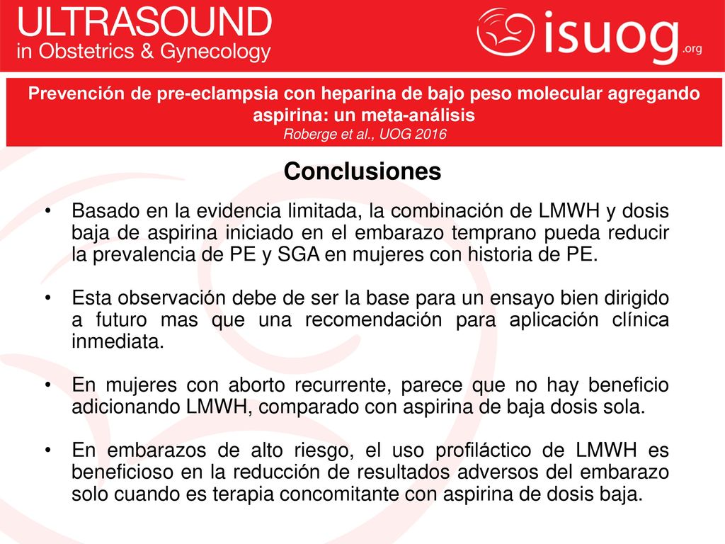 Prevención de pre-eclampsia con heparina de bajo peso molecular agregando aspirina: un meta-análisis