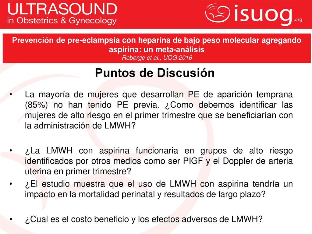 Prevención de pre-eclampsia con heparina de bajo peso molecular agregando aspirina: un meta-análisis
