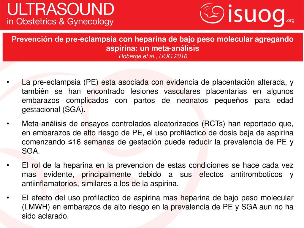 Prevención de pre-eclampsia con heparina de bajo peso molecular agregando aspirina: un meta-análisis