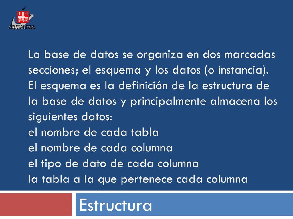 La base de datos se organiza en dos marcadas secciones; el esquema y los datos (o instancia). El esquema es la definición de la estructura de la base de datos y principalmente almacena los siguientes datos: el nombre de cada tabla el nombre de cada columna el tipo de dato de cada columna la tabla a la que pertenece cada columna