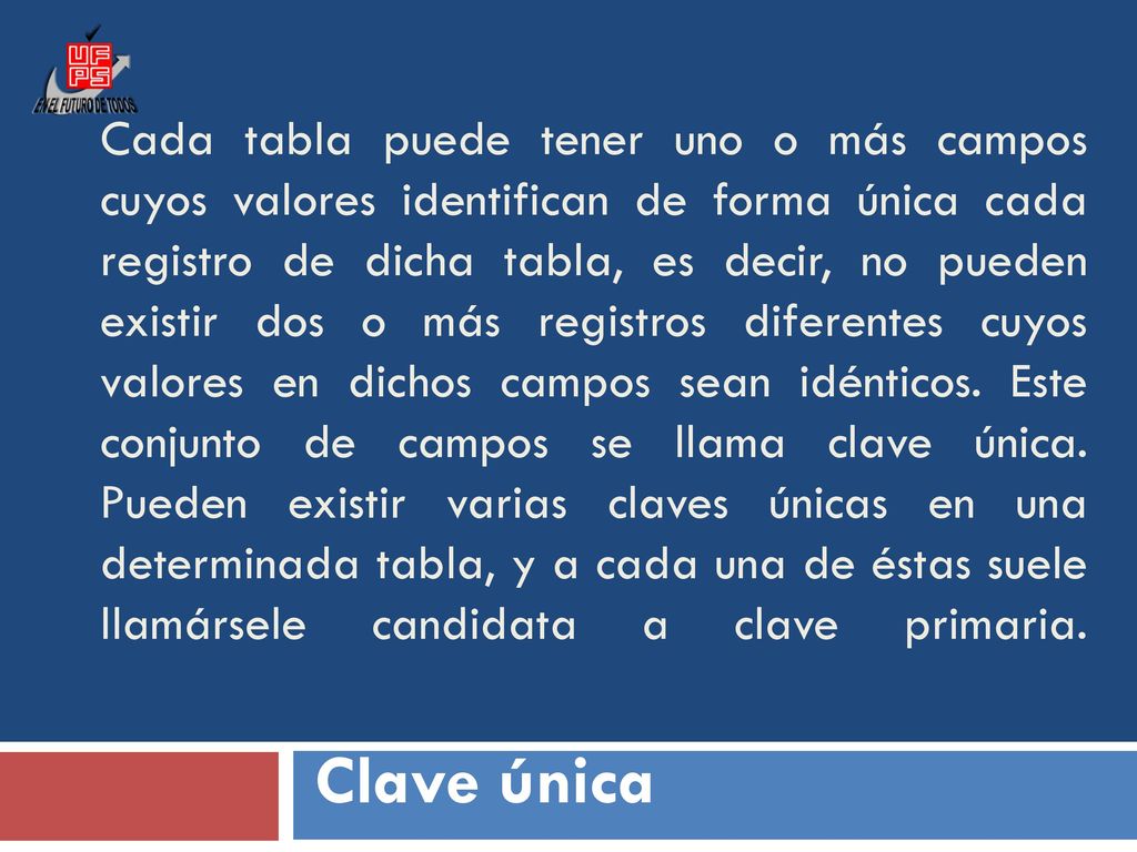 Cada tabla puede tener uno o más campos cuyos valores identifican de forma única cada registro de dicha tabla, es decir, no pueden existir dos o más registros diferentes cuyos valores en dichos campos sean idénticos. Este conjunto de campos se llama clave única. Pueden existir varias claves únicas en una determinada tabla, y a cada una de éstas suele llamársele candidata a clave primaria.