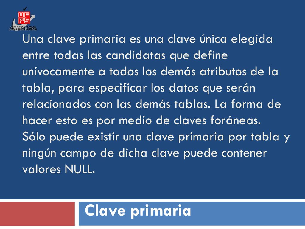 Una clave primaria es una clave única elegida entre todas las candidatas que define unívocamente a todos los demás atributos de la tabla, para especificar los datos que serán relacionados con las demás tablas. La forma de hacer esto es por medio de claves foráneas. Sólo puede existir una clave primaria por tabla y ningún campo de dicha clave puede contener valores NULL.