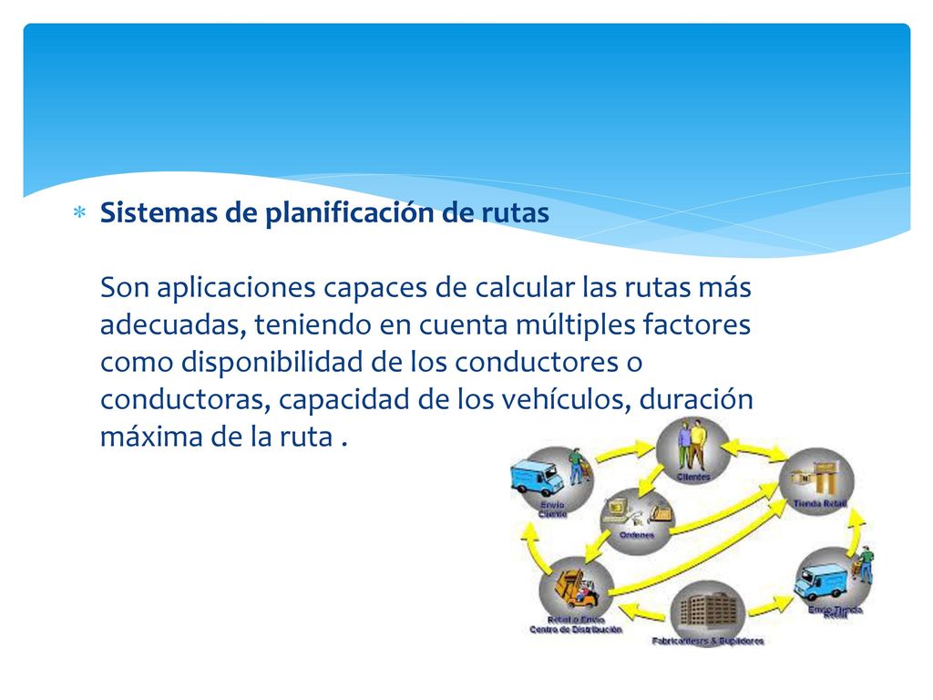 Sistemas de planificación de rutas Son aplicaciones capaces de calcular las rutas más adecuadas, teniendo en cuenta múltiples factores como disponibilidad de los conductores o conductoras, capacidad de los vehículos, duración máxima de la ruta .