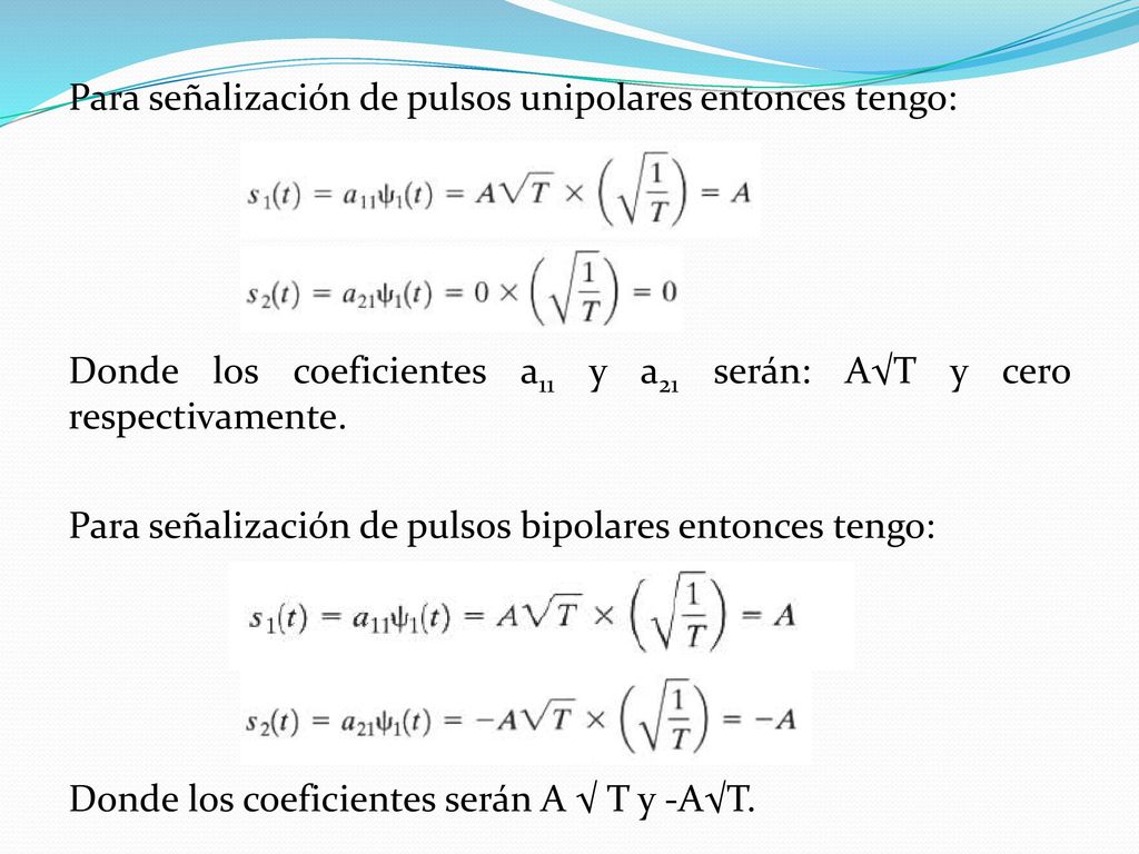 Para señalización de pulsos unipolares entonces tengo: Donde los coeficientes a11 y a21 serán: A√T y cero respectivamente.