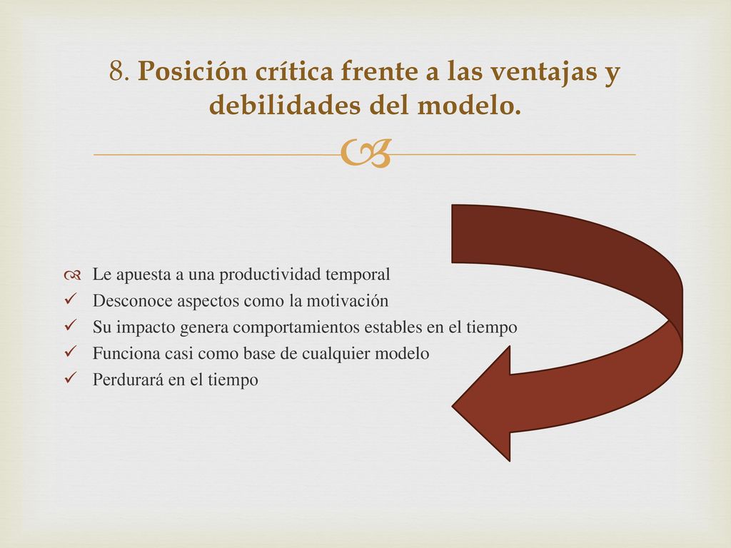 8. Posición crítica frente a las ventajas y debilidades del modelo.
