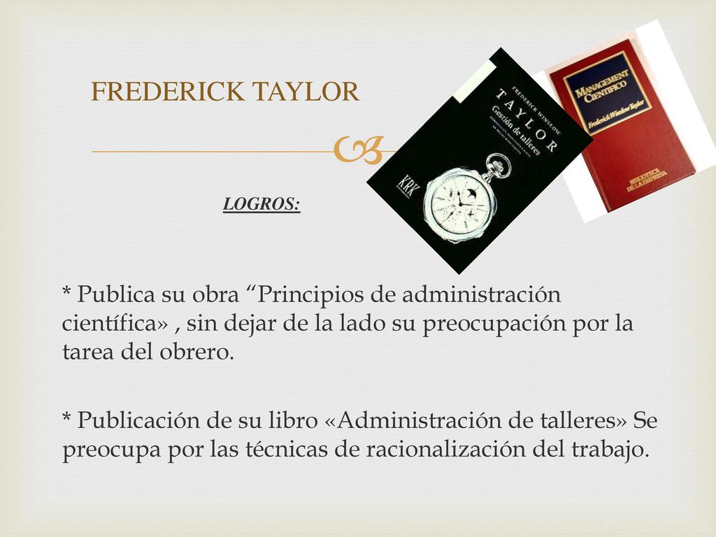 FREDERICK TAYLOR LOGROS: * Publica su obra Principios de administración científica» , sin dejar de la lado su preocupación por la tarea del obrero.