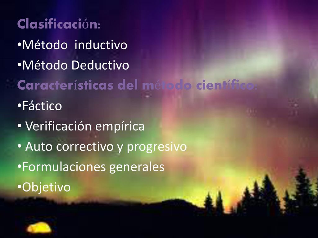 Clasificación: Método inductivo. Método Deductivo. Características del método científico: Fáctico.