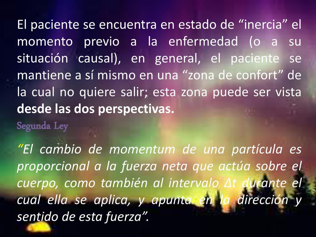 El paciente se encuentra en estado de inercia el momento previo a la enfermedad (o a su situación causal), en general, el paciente se mantiene a sí mismo en una zona de confort de la cual no quiere salir; esta zona puede ser vista desde las dos perspectivas.