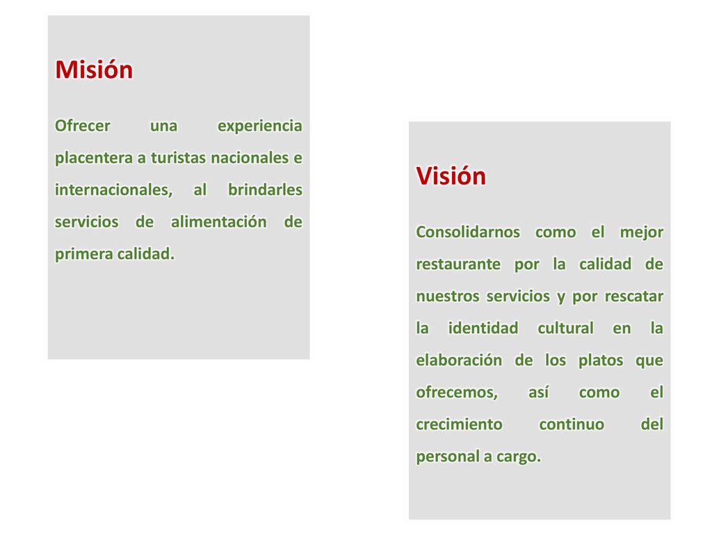 Misión Ofrecer una experiencia placentera a turistas nacionales e internacionales, al brindarles servicios de alimentación de primera calidad.