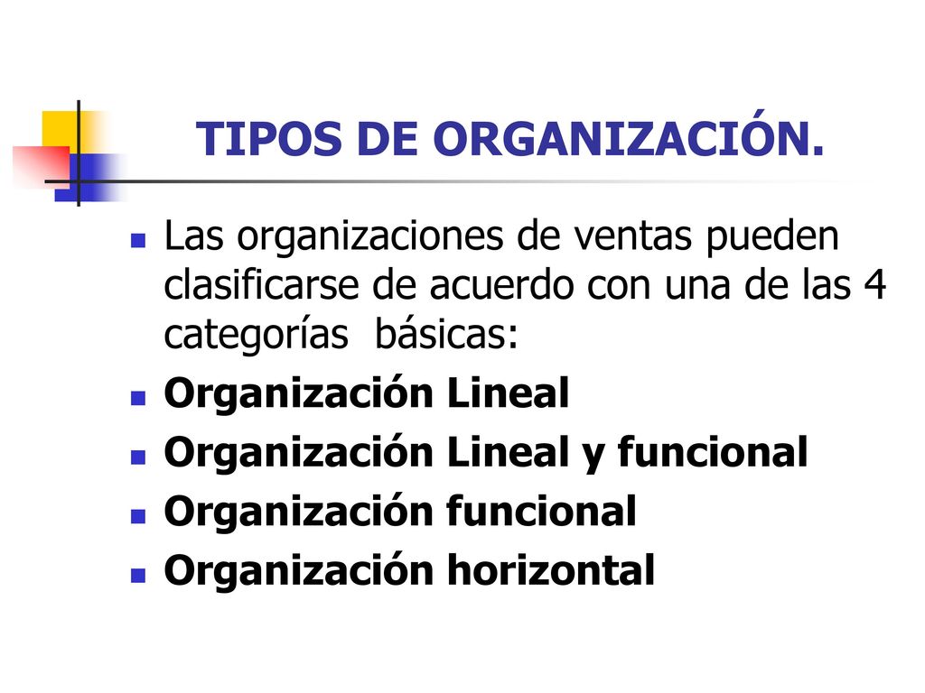 TIPOS DE ORGANIZACIÓN. Las organizaciones de ventas pueden clasificarse de acuerdo con una de las 4 categorías básicas: