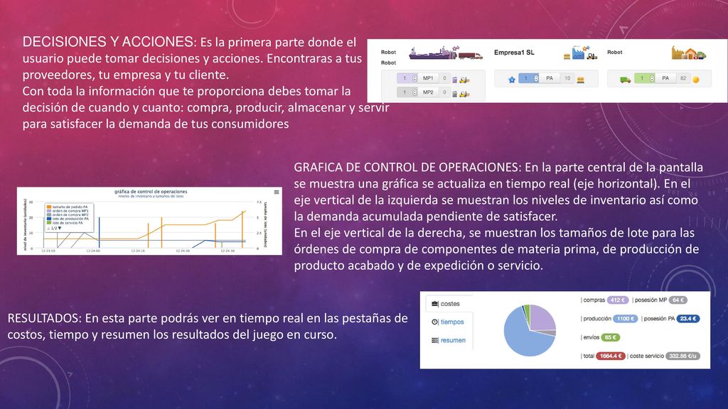 DECISIONES Y ACCIONES: Es la primera parte donde el usuario puede tomar decisiones y acciones. Encontraras a tus proveedores, tu empresa y tu cliente.