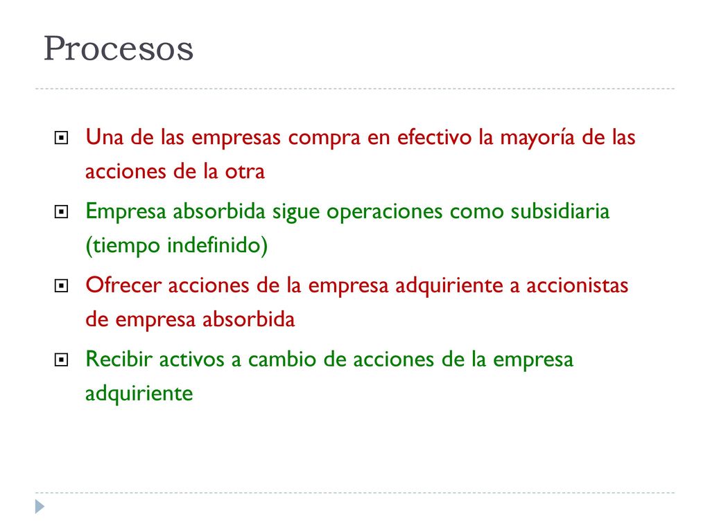 Procesos Una de las empresas compra en efectivo la mayoría de las acciones de la otra.