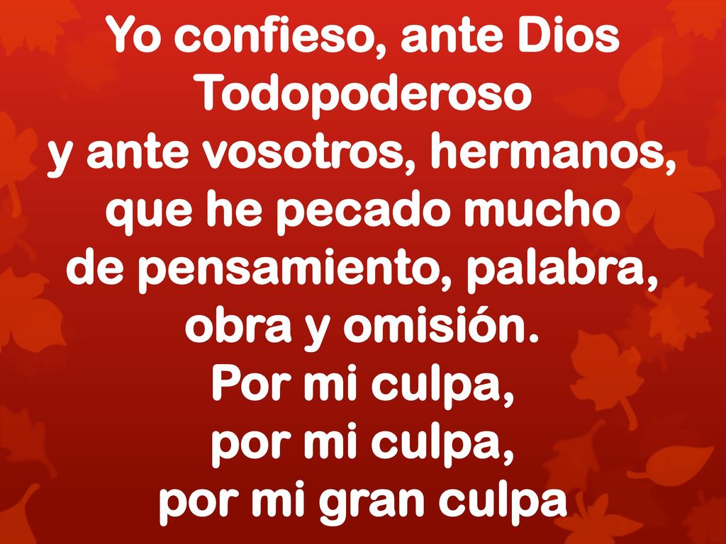Yo confieso, ante Dios Todopoderoso y ante vosotros, hermanos, que he pecado mucho de pensamiento, palabra, obra y omisión. Por mi culpa,