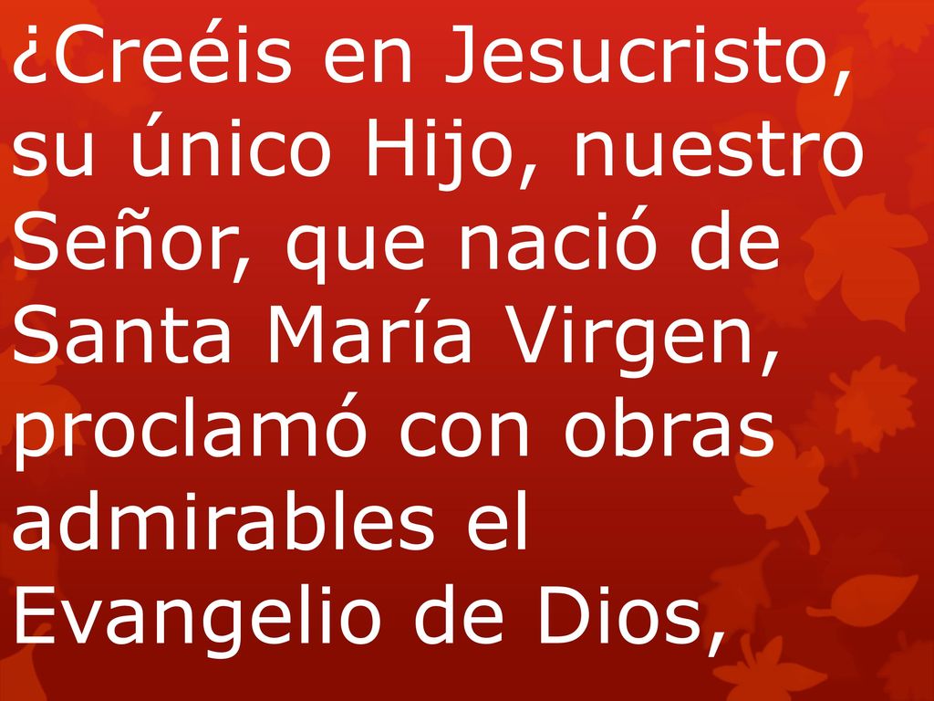 ¿Creéis en Jesucristo, su único Hijo, nuestro Señor, que nació de Santa María Virgen, proclamó con obras admirables el Evangelio de Dios,