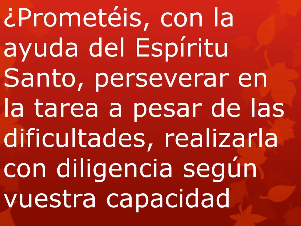 ¿Prometéis, con la ayuda del Espíritu Santo, perseverar en la tarea a pesar de las dificultades, realizarla con diligencia según vuestra capacidad