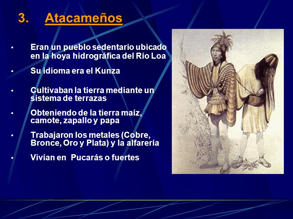 Atacameños Eran un pueblo sedentario ubicado en la hoya hidrográfica del Río Loa. Su idioma era el Kunza.
