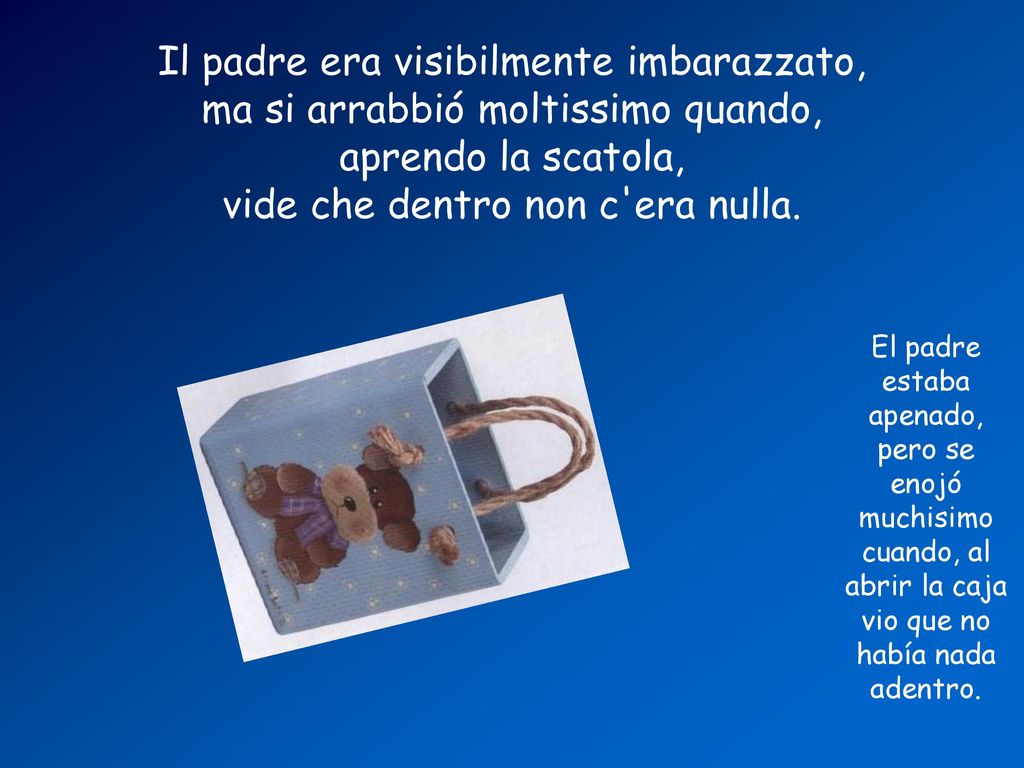 Il padre era visibilmente imbarazzato, ma si arrabbió moltissimo quando, aprendo la scatola, vide che dentro non c era nulla.