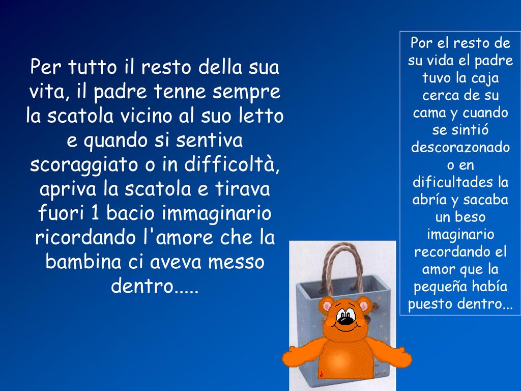 Per tutto il resto della sua vita, il padre tenne sempre la scatola vicino al suo letto e quando si sentiva scoraggiato o in difficoltà, apriva la scatola e tirava fuori 1 bacio immaginario ricordando l amore che la bambina ci aveva messo dentro.....