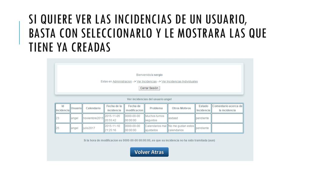 Si quiere ver las incidencias de un usuario, basta con seleccionarlo y le mostrara las que tiene ya creadas