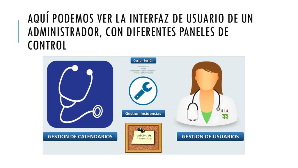 Aquí podemos ver la interfaz de usuario de un administrador, con diferentes paneles de control