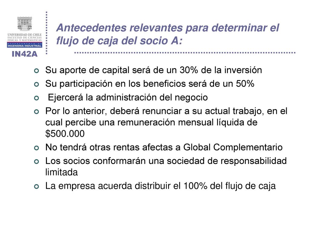 Antecedentes relevantes para determinar el flujo de caja del socio A: