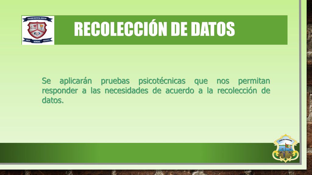 RECOLECCIÓN DE DATOS Se aplicarán pruebas psicotécnicas que nos permitan responder a las necesidades de acuerdo a la recolección de datos.