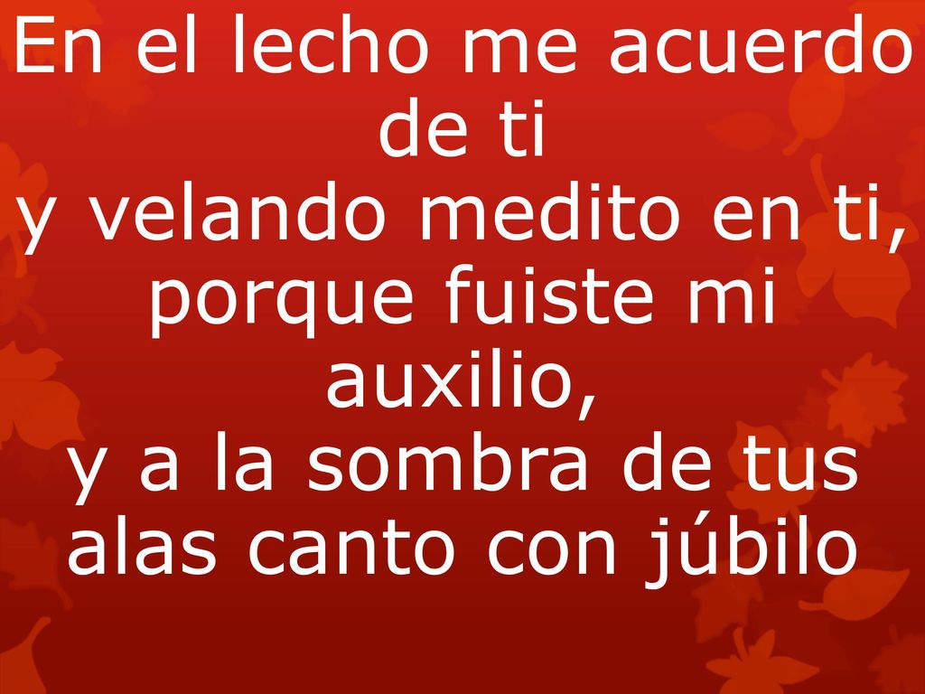En el lecho me acuerdo de ti y velando medito en ti, porque fuiste mi auxilio, y a la sombra de tus alas canto con júbilo