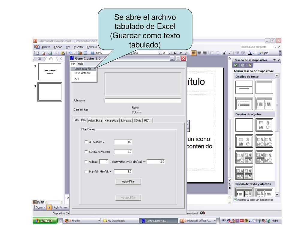 Se abre el archivo tabulado de Excel (Guardar como texto tabulado)