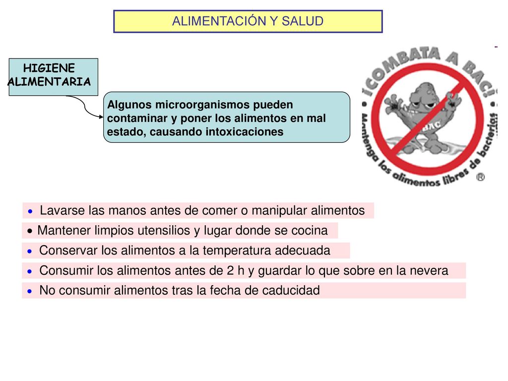 ALIMENTACIÓN Y SALUD HIGIENE ALIMENTARIA. Algunos microorganismos pueden contaminar y poner los alimentos en mal estado, causando intoxicaciones.