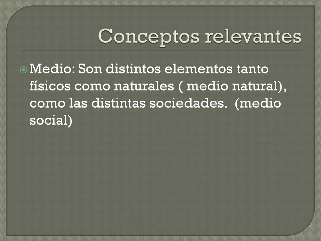 Conceptos relevantes Medio: Son distintos elementos tanto físicos como naturales ( medio natural), como las distintas sociedades.