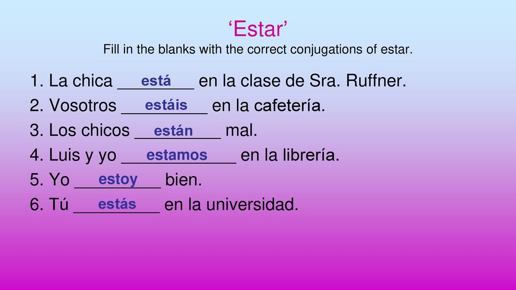‘Estar’ Fill in the blanks with the correct conjugations of estar.