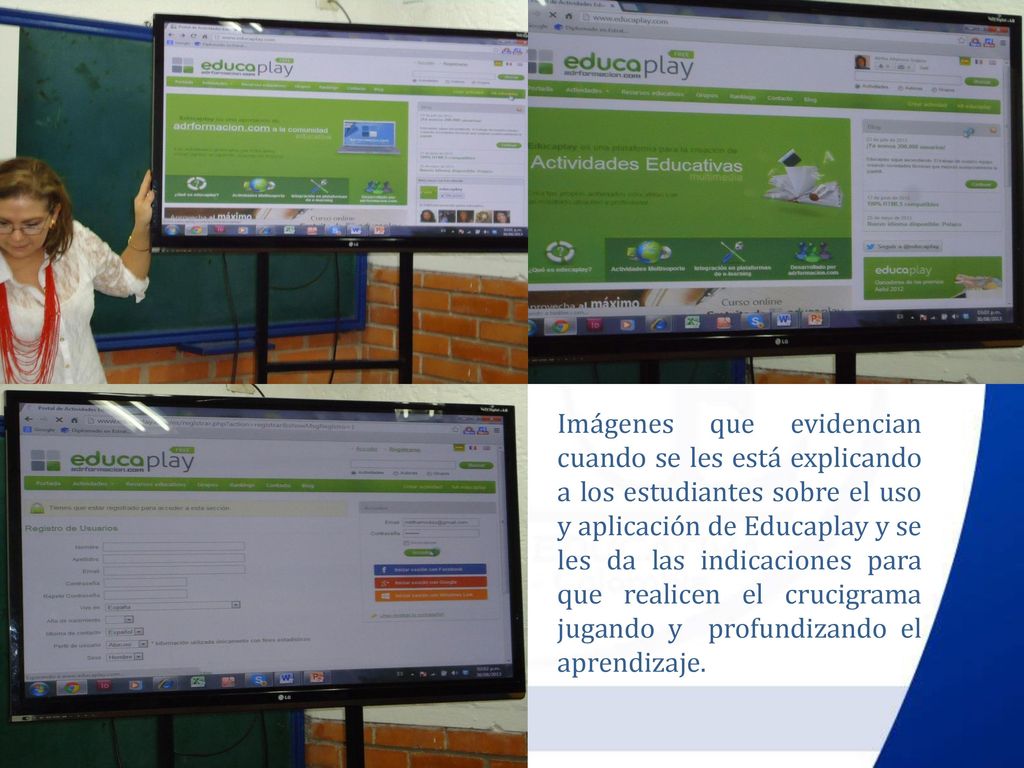 Imágenes que evidencian cuando se les está explicando a los estudiantes sobre el uso y aplicación de Educaplay y se les da las indicaciones para que realicen el crucigrama jugando y profundizando el aprendizaje.
