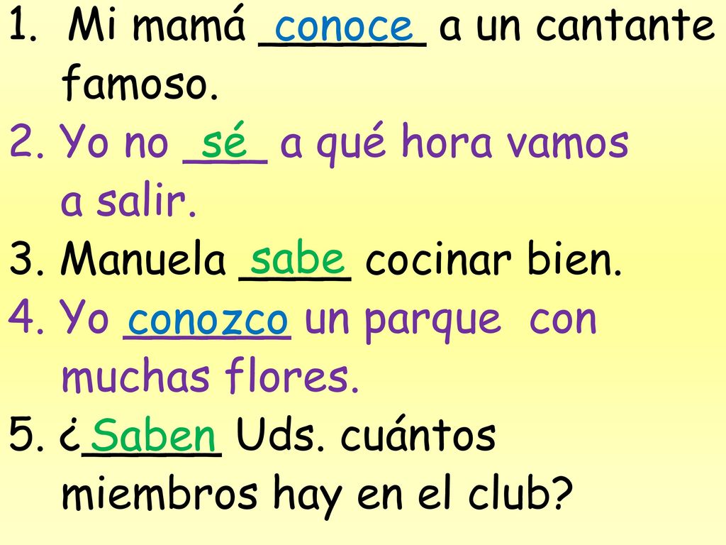 conoce Mi mamá ______ a un cantante. famoso. 2. Yo no ___ a qué hora vamos. a salir. 3. Manuela ____ cocinar bien.