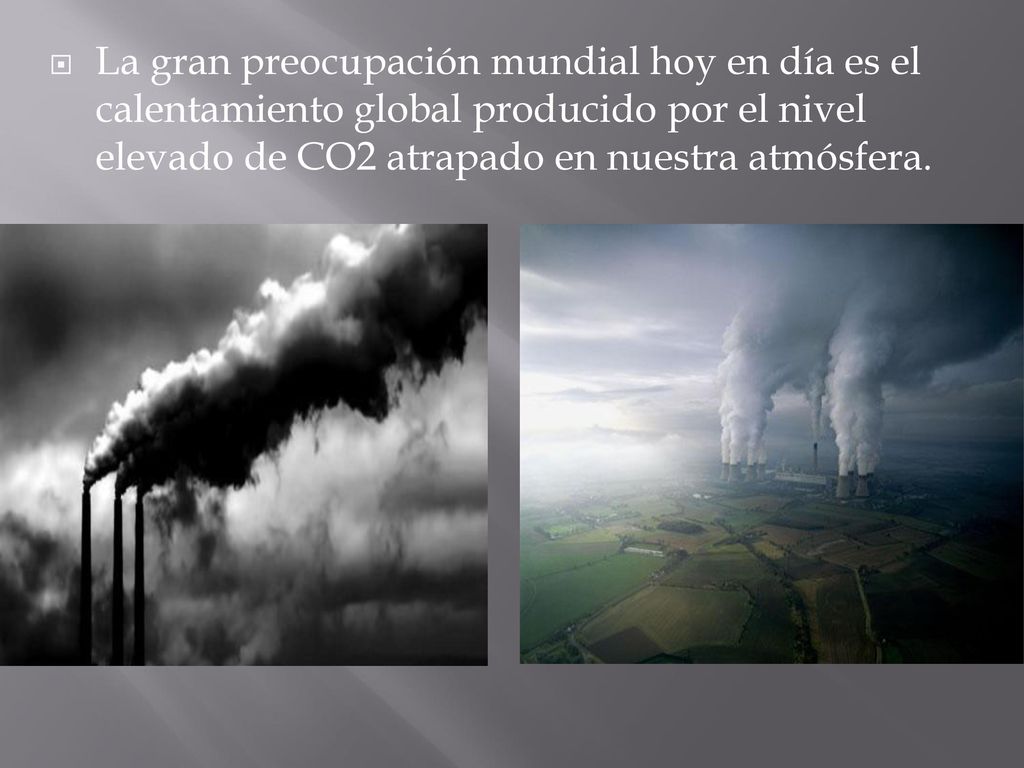 La gran preocupación mundial hoy en día es el calentamiento global producido por el nivel elevado de CO2 atrapado en nuestra atmósfera.