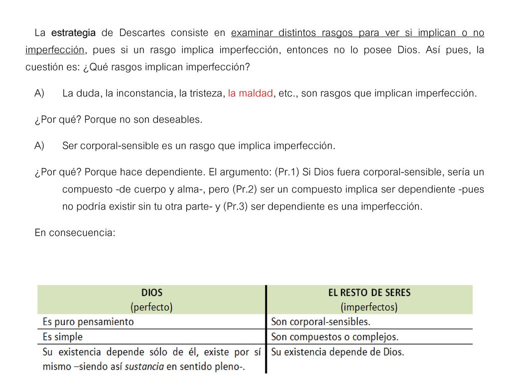 La estrategia de Descartes consiste en examinar distintos rasgos para ver si implican o no imperfección, pues si un rasgo implica imperfección, entonces no lo posee Dios. Así pues, la cuestión es: ¿Qué rasgos implican imperfección