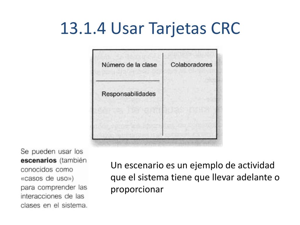 Usar Tarjetas CRC Un escenario es un ejemplo de actividad que el sistema tiene que llevar adelante o proporcionar.