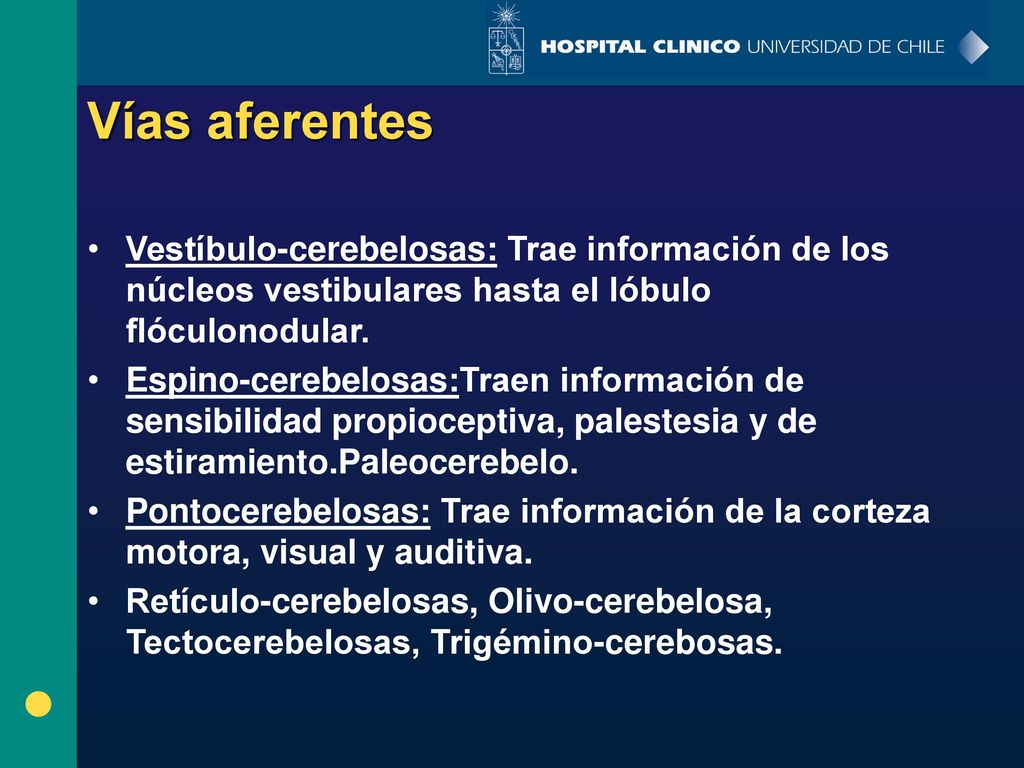 Vías aferentes Vestíbulo-cerebelosas: Trae información de los núcleos vestibulares hasta el lóbulo flóculonodular.