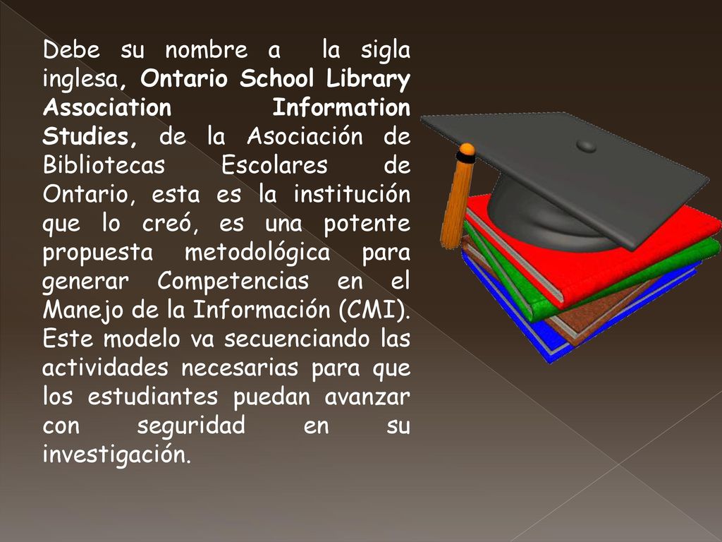 Debe su nombre a la sigla inglesa, Ontario School Library Association Information Studies, de la Asociación de Bibliotecas Escolares de Ontario, esta es la institución que lo creó, es una potente propuesta metodológica para generar Competencias en el Manejo de la Información (CMI).