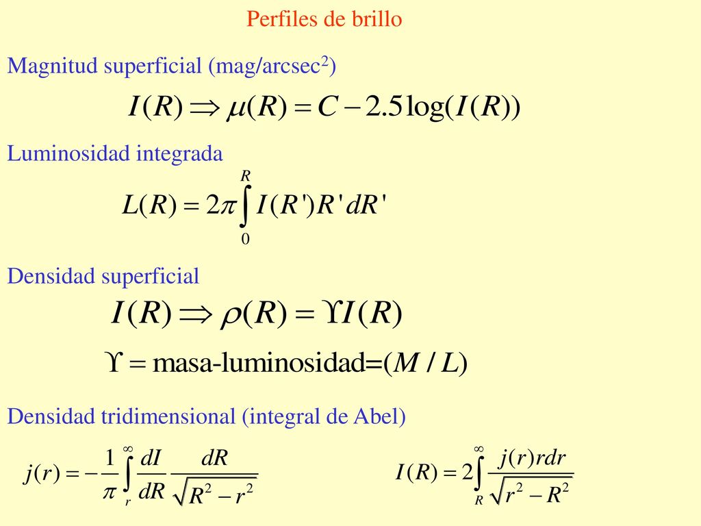 Perfiles de brillo Magnitud superficial (mag/arcsec2) Luminosidad integrada. Densidad superficial.
