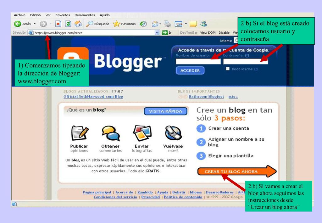 2.b) Si el blog está creado colocamos usuario y contraseña.