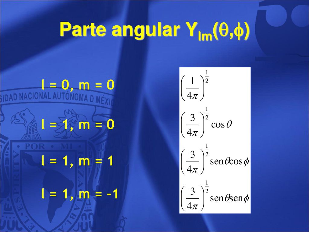 Parte angular Ylm(,) l = 0, m = 0 l = 1, m = 0 l = 1, m = 1