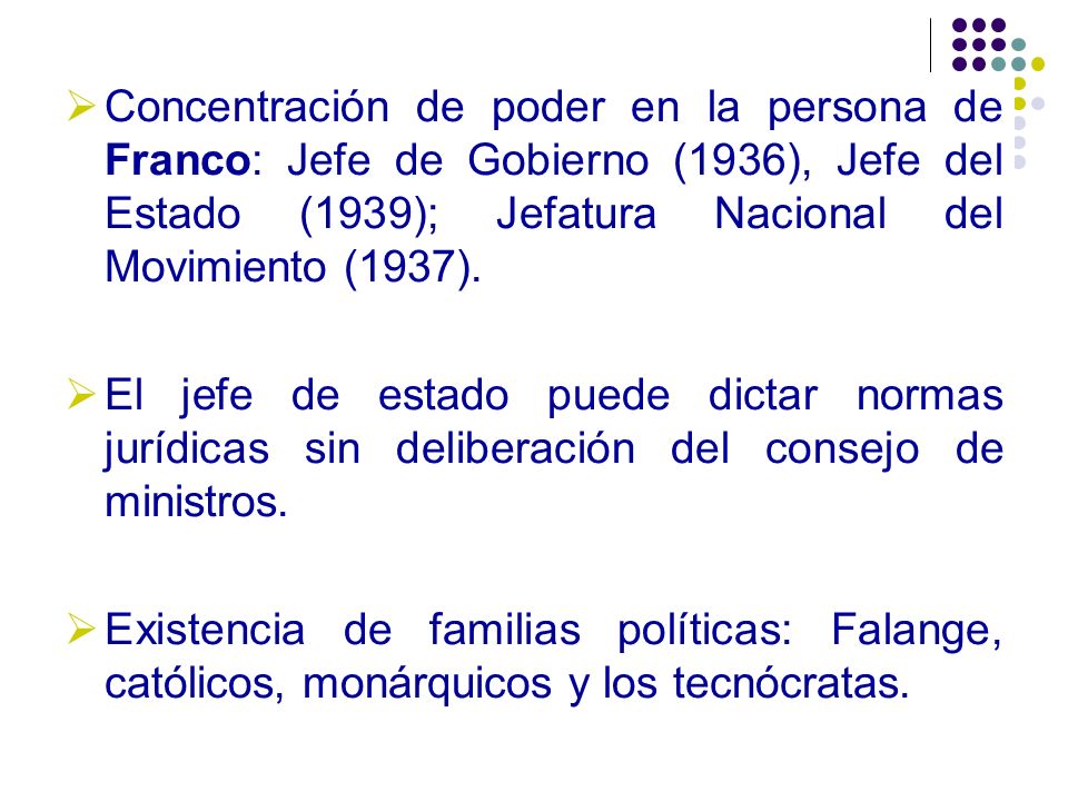 Concentración de poder en la persona de Franco: Jefe de Gobierno (1936), Jefe del Estado (1939); Jefatura Nacional del Movimiento (1937).