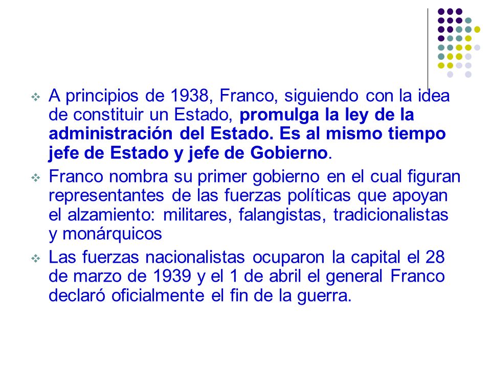 A principios de 1938, Franco, siguiendo con la idea de constituir un Estado, promulga la ley de la administración del Estado. Es al mismo tiempo jefe de Estado y jefe de Gobierno.