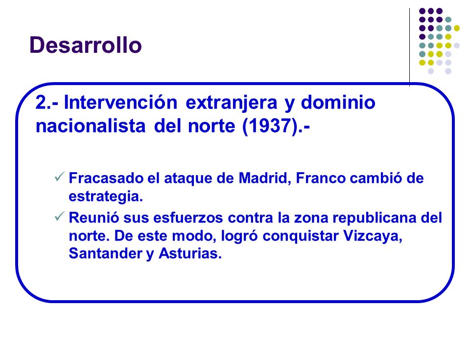 Desarrollo 2.- Intervención extranjera y dominio nacionalista del norte (1937).- Fracasado el ataque de Madrid, Franco cambió de estrategia.