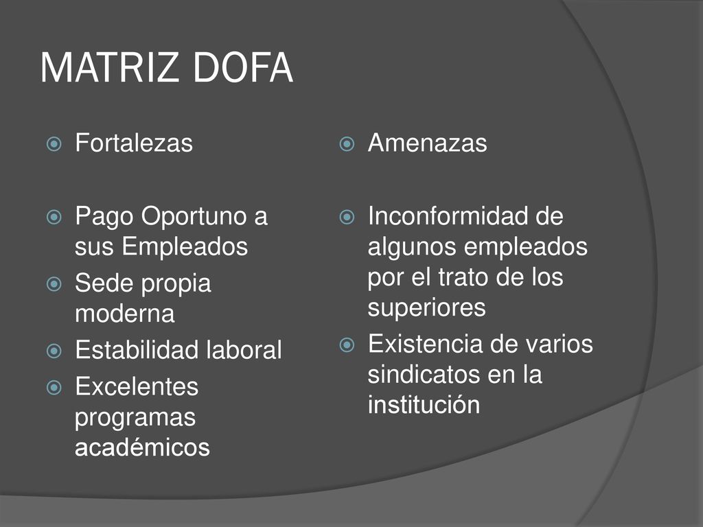 MATRIZ DOFA Fortalezas Pago Oportuno a sus Empleados